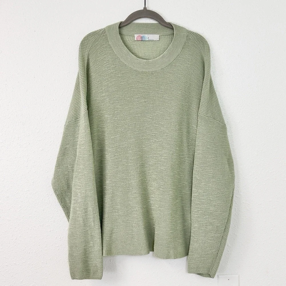 Free People FP Beach Malibu Green Knit Oversized Beach Sweater Long Sleeve S